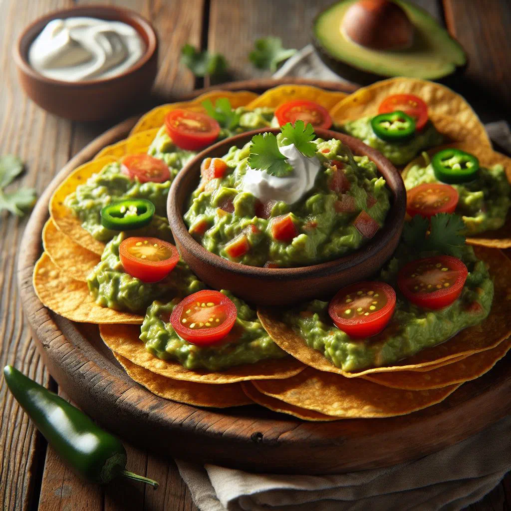 Crispy corn tortillas topped with creamy guacamole, tomato and onion