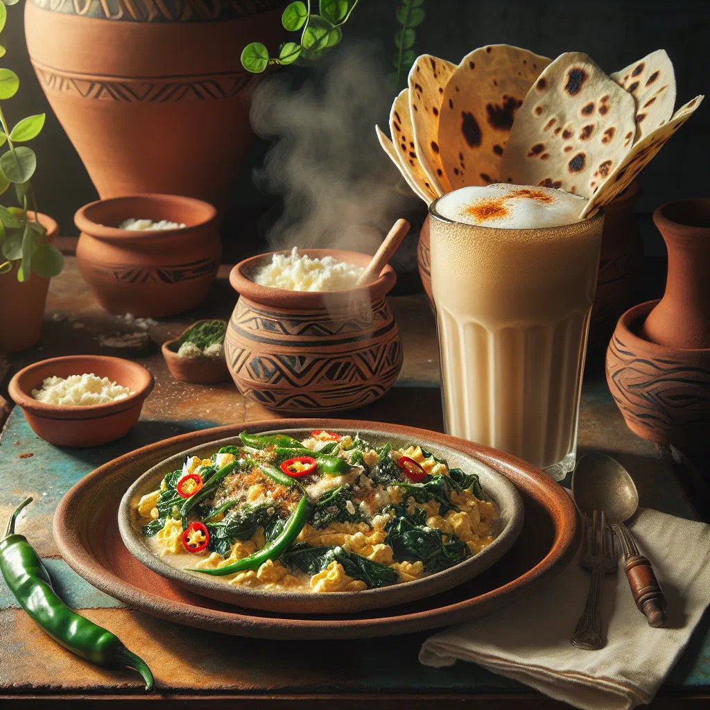 Fluffy scrambled eggs with chopped chaya leaves, onion and tomato