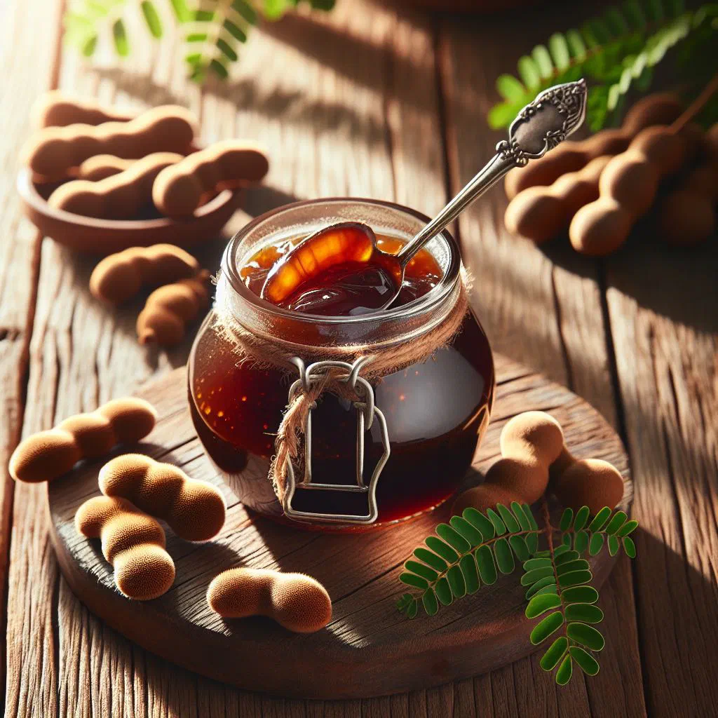 A jar of dark tamarind preserve served with fresh bread