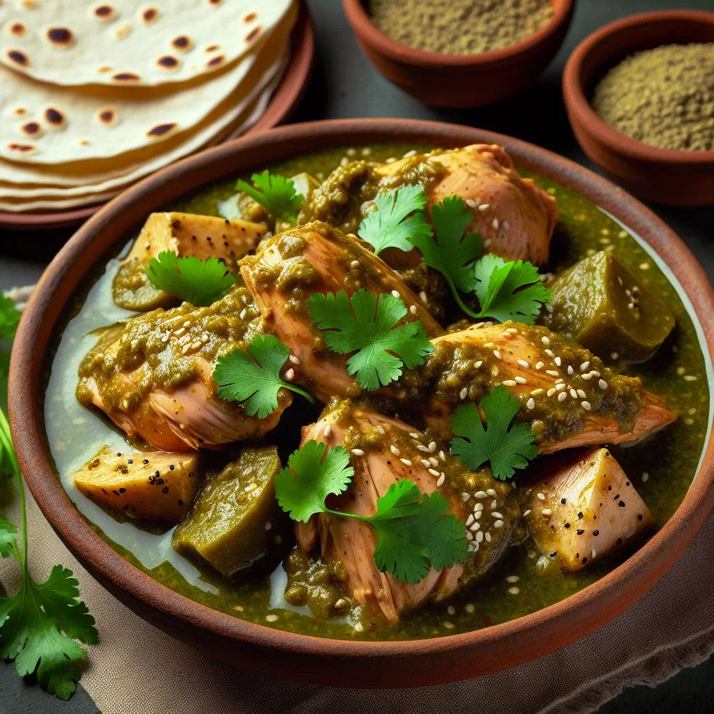 Bowl of Guatemalan jocon with chicken in a bright green tomatillo and coriander sauce