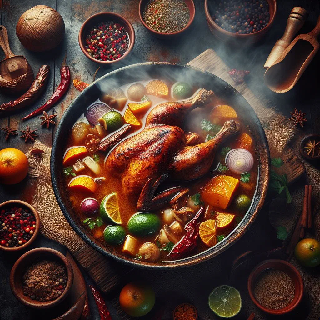 A bowl of Kak'ik turkey stew in a deep red broth with coriander and lime