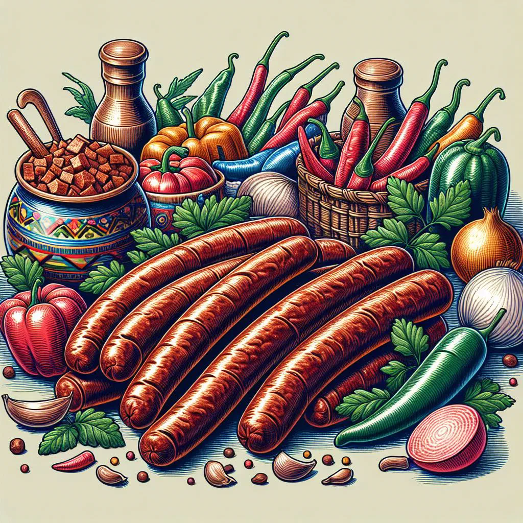 Grilled longaniza sausages served with charred vegetables