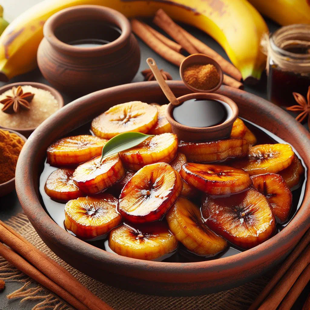 Golden fried ripe plantains topped with creamy cinnamon quark sauce