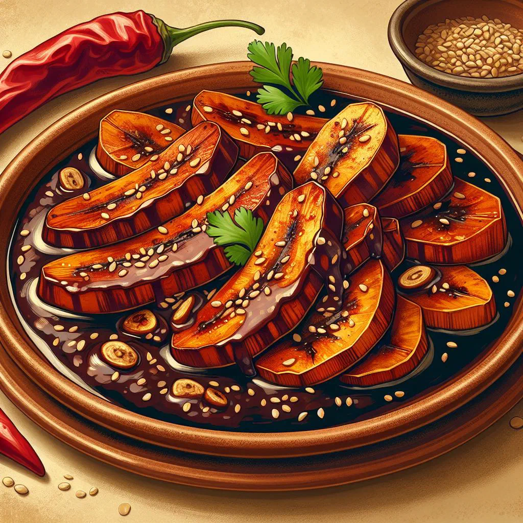 Bowl of Guatemalan mole de plátano with dark chocolate sauce over ripe bananas