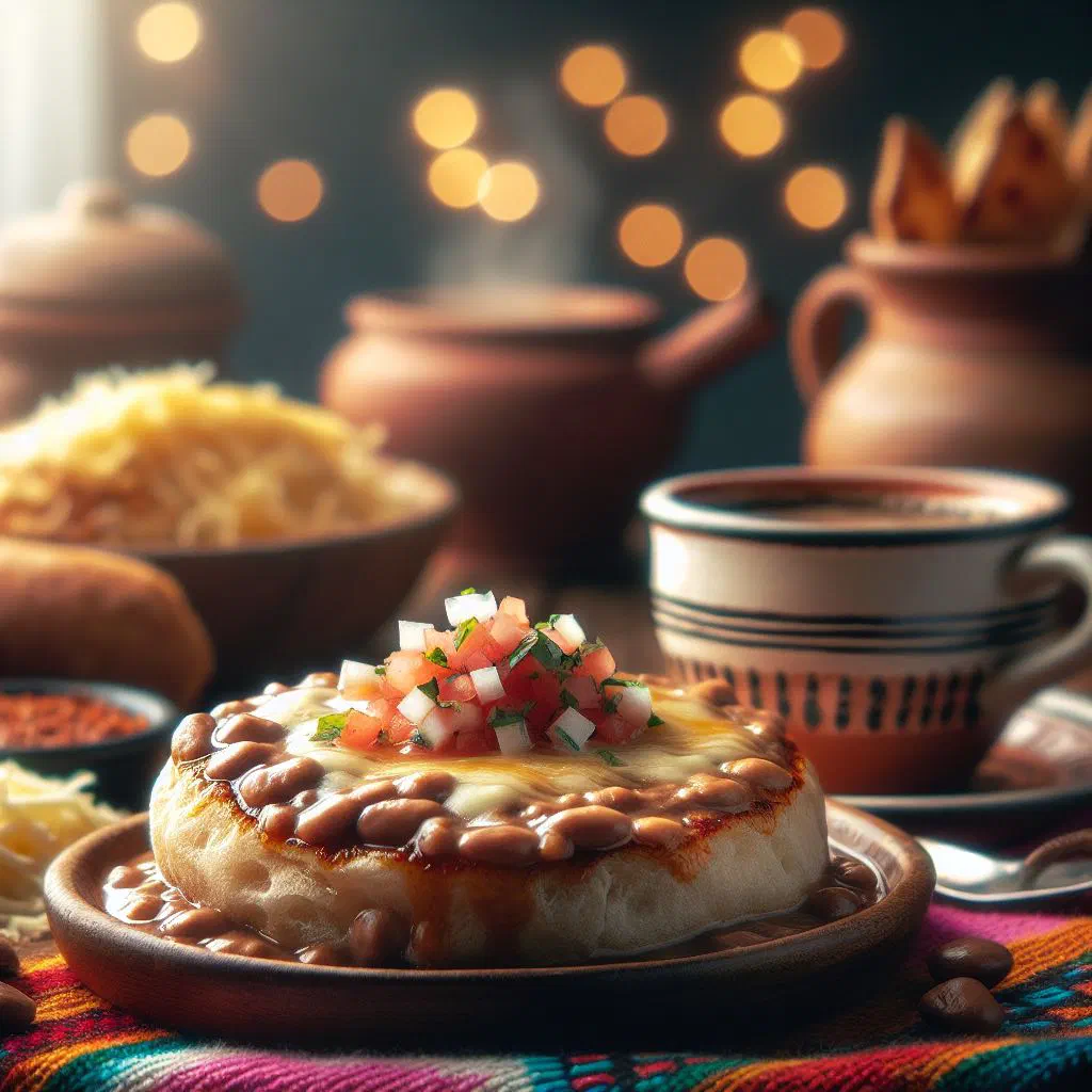 Baked molletes topped with melted cheese and refried black beans