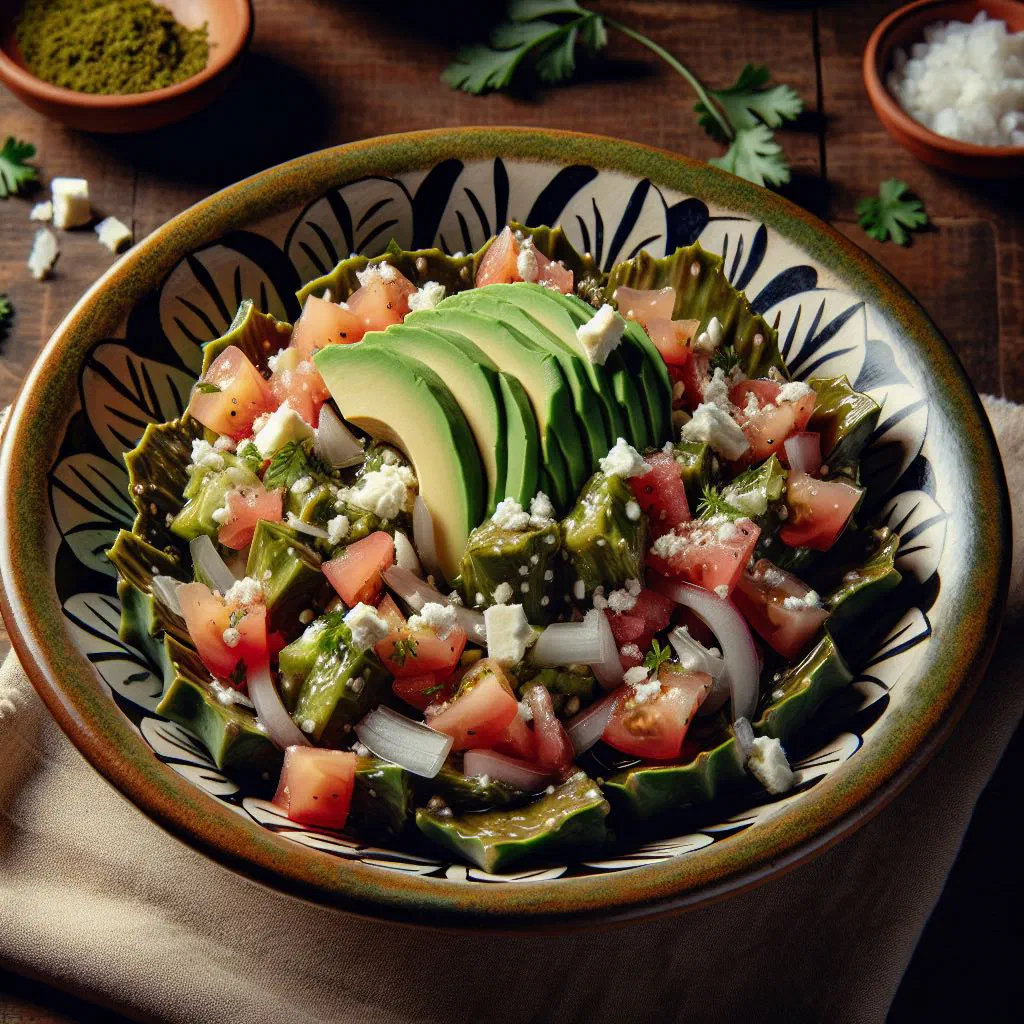 Fresh nopal cactus salad with tomato, onion, coriander and lime