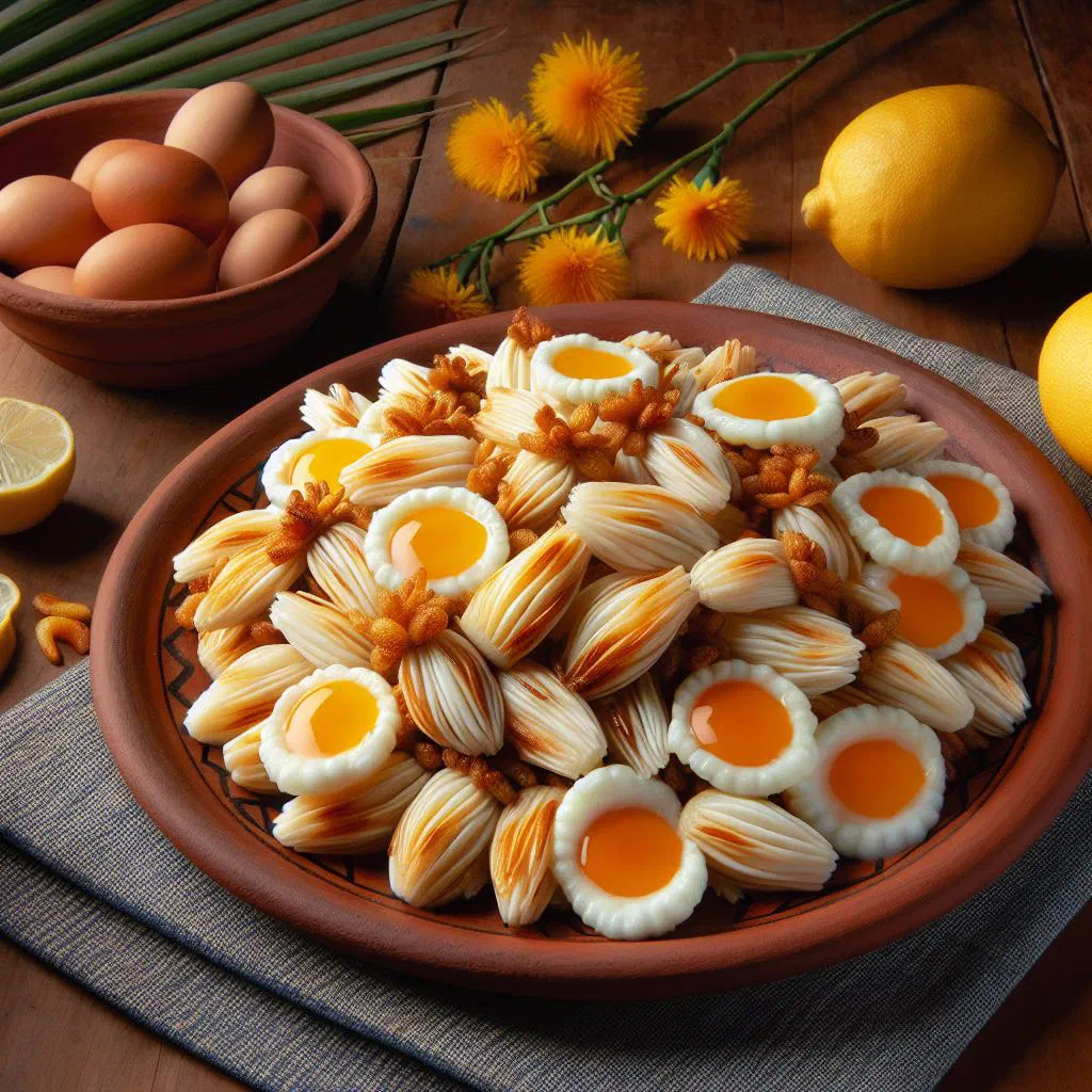 Pacaya palm hearts folded into fluffy eggs in a rustic bowl