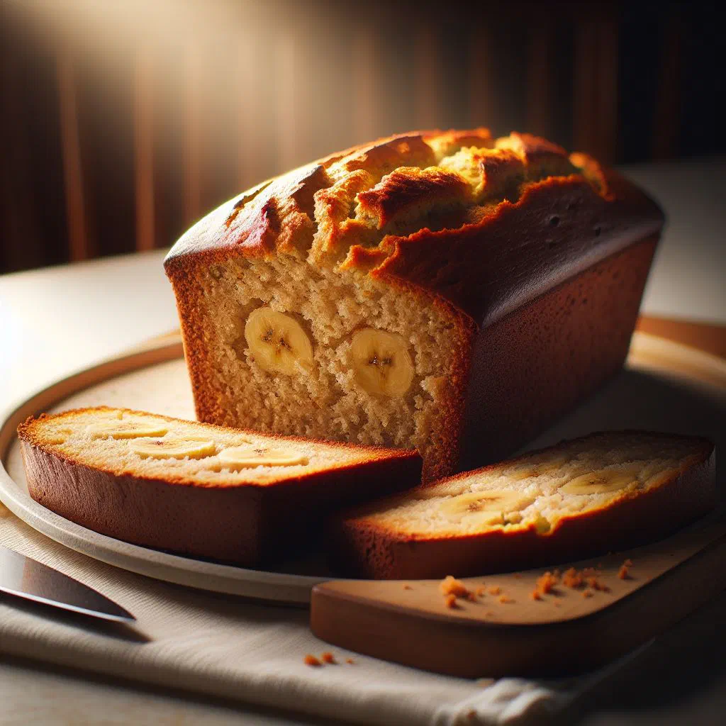 Sliced Guatemalan pan de banano loaf dusted with cinnamon