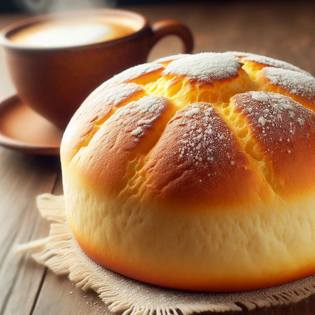 Golden Guatemalan pan de yema loaf dusted with icing sugar