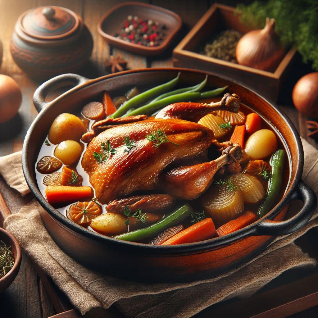 Guatemalan duck stew with carrots and peppers in a rich broth