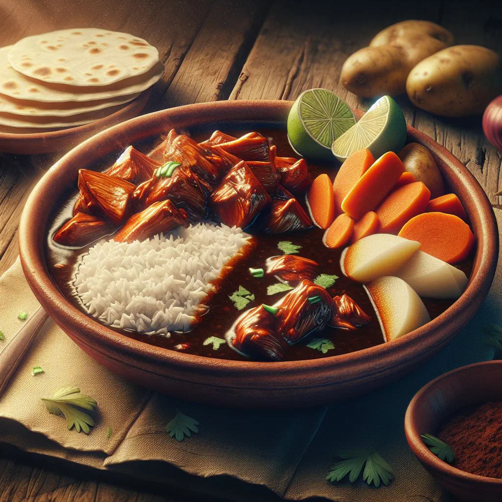 Pepián de pollo chicken stew in rich chilli sauce garnished with fresh coriander