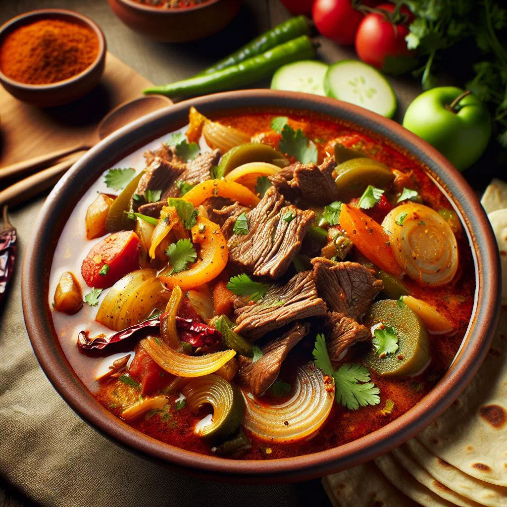 Bowl of Pepián de Res, a Guatemalan beef stew in a rich toasted-spice sauce