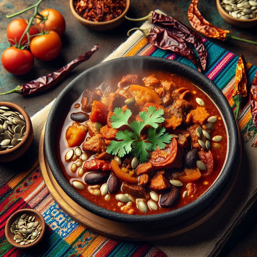 Bowl of Guatemalan pepián stew with chicken, garnished with coriander