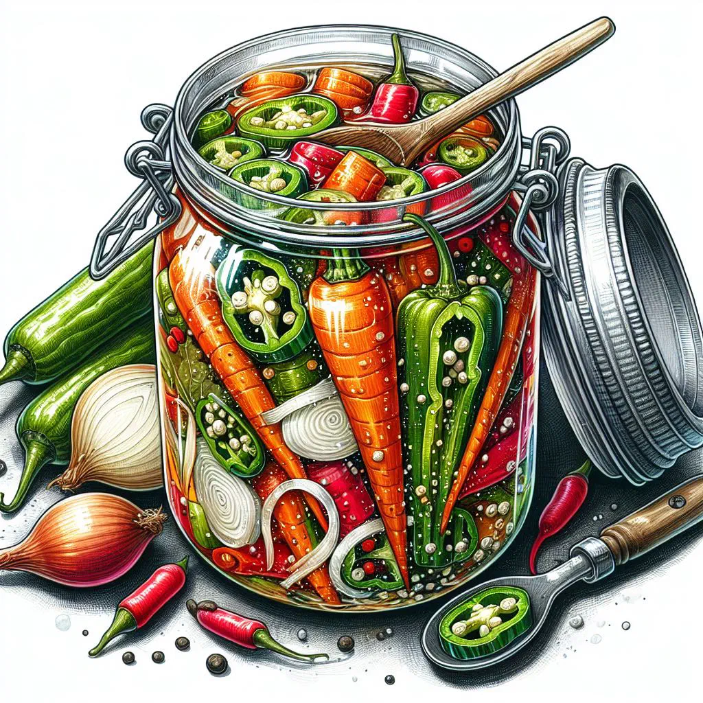 Colourful pickled vegetables in a vinegar marinade served in a glass jar