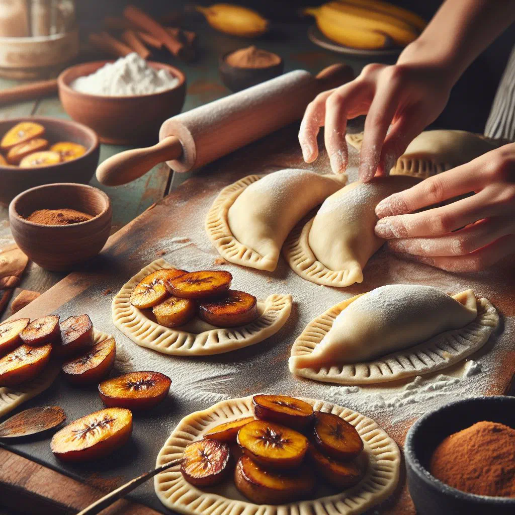 Golden fried plantain empanadas dusted with cinnamon on a plate