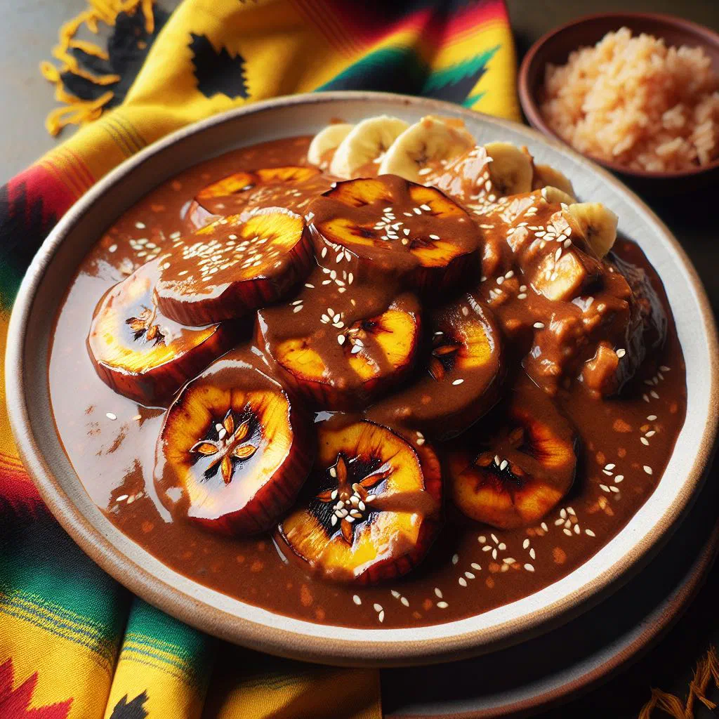 Fried plantains topped with rich mole sauce and fresh coriander
