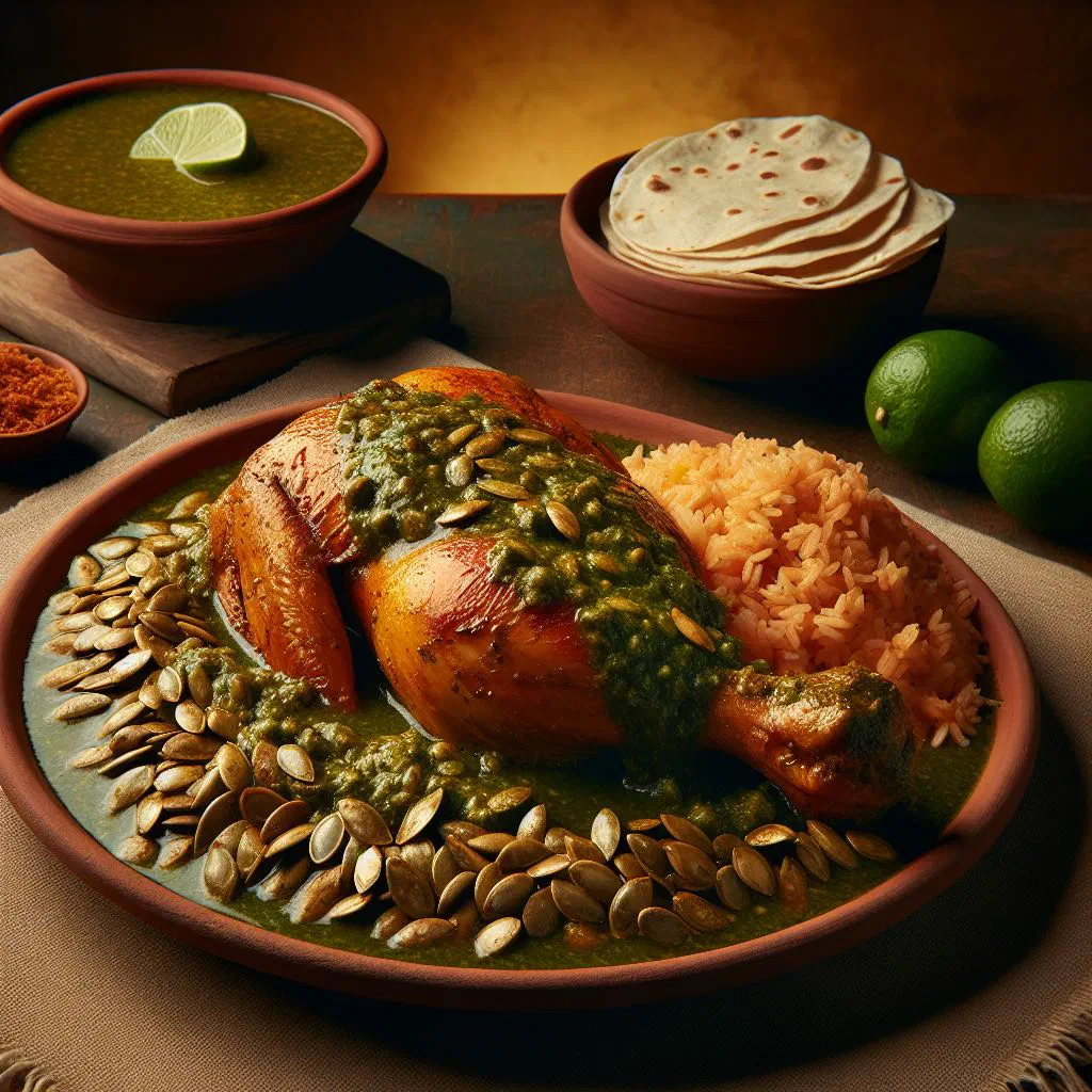 Tender chicken in a rich pumpkin-seed pipián sauce garnished with coriander