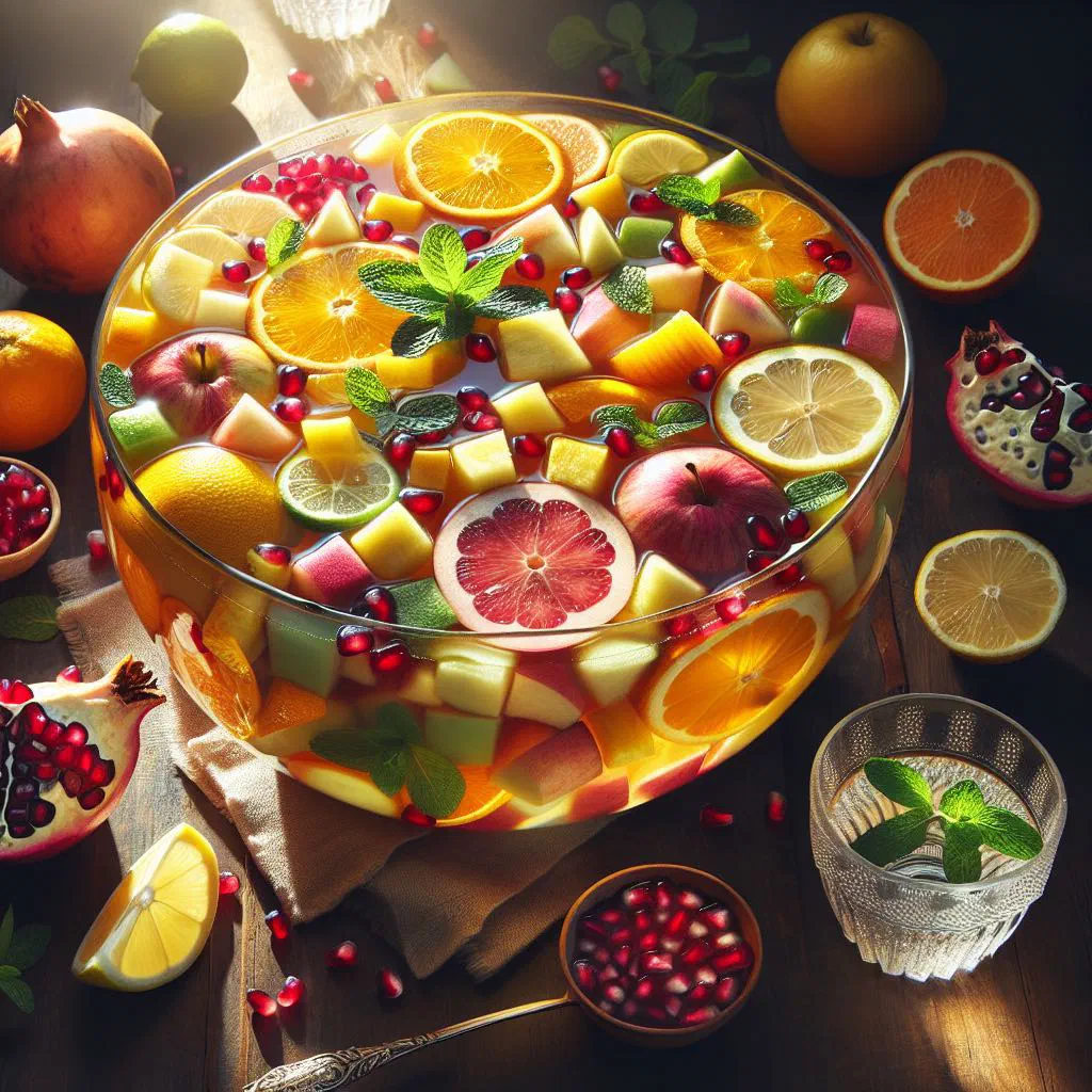 Warm Guatemalan fruit punch with cinnamon, orange and apple pieces in a pot