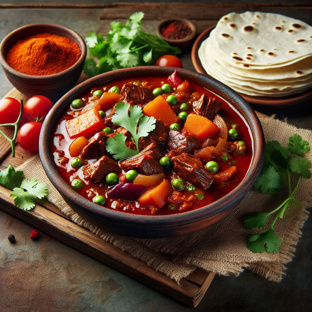 Bowl of Guatemalan pulique de res with tender beef in a spiced tomato sauce