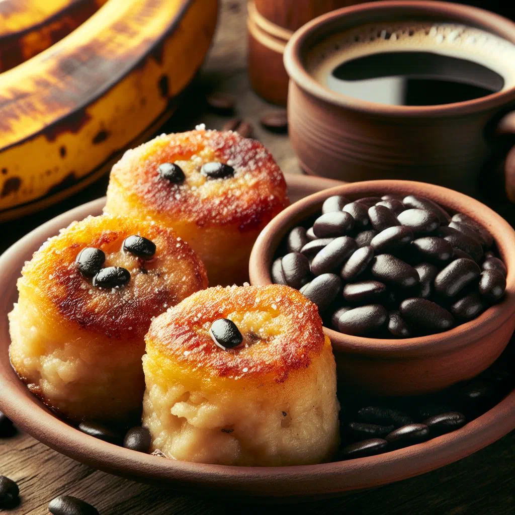 Golden fried plantain dumplings filled with sweet black bean paste, dusted with sugar