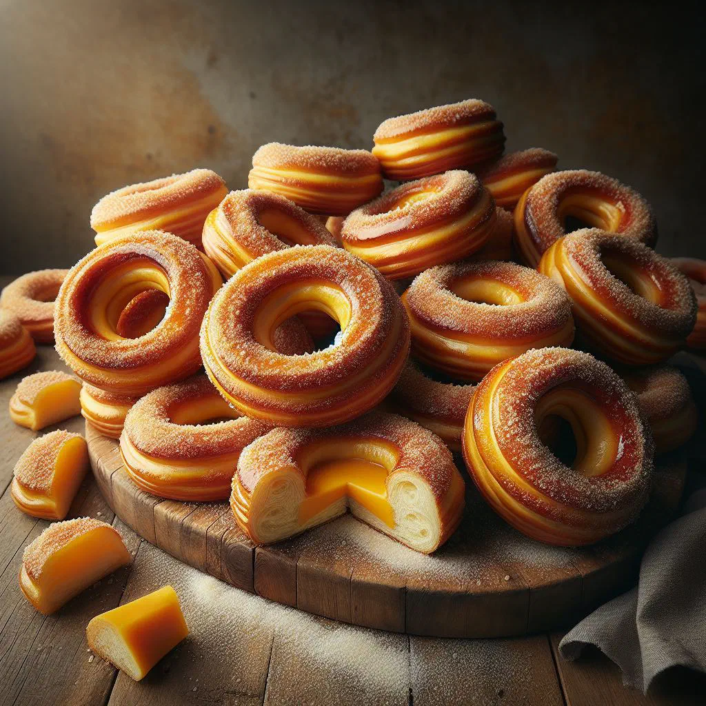 Golden baked Guatemalan cheese rings on a wooden board