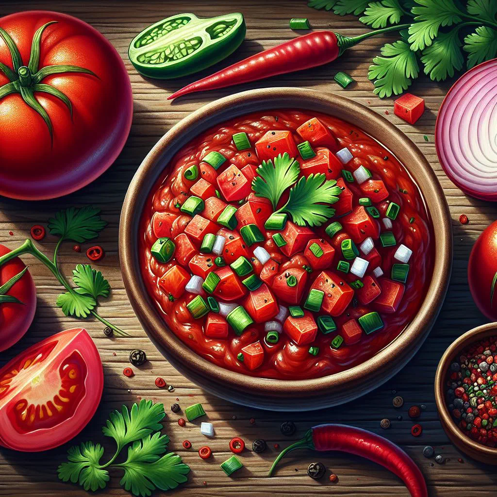 Bowl of fresh Guatemalan tomato salsa garnished with coriander