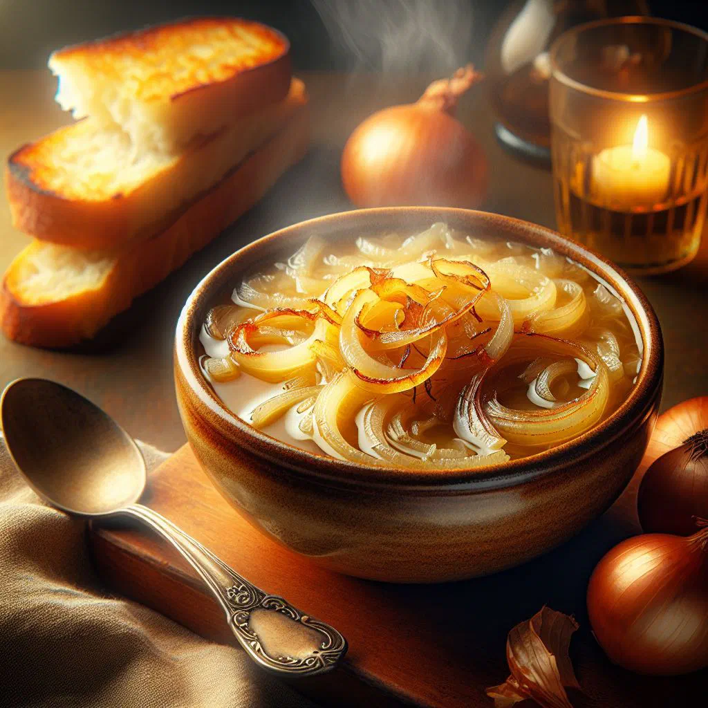 Bowl of Guatemalan onion soup garnished with fresh coriander and toasted bread