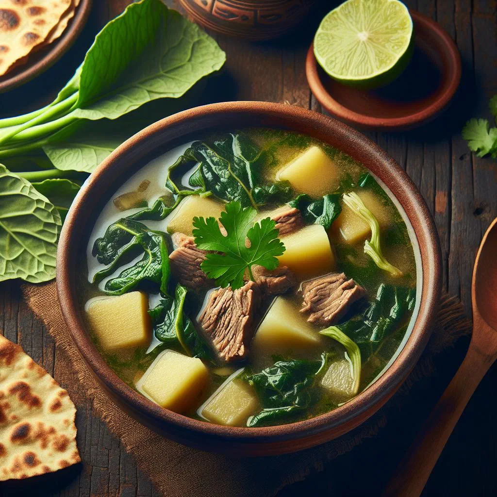 Bowl of Guatemalan sopa de chipilín with green chipilín leaves and vegetables
