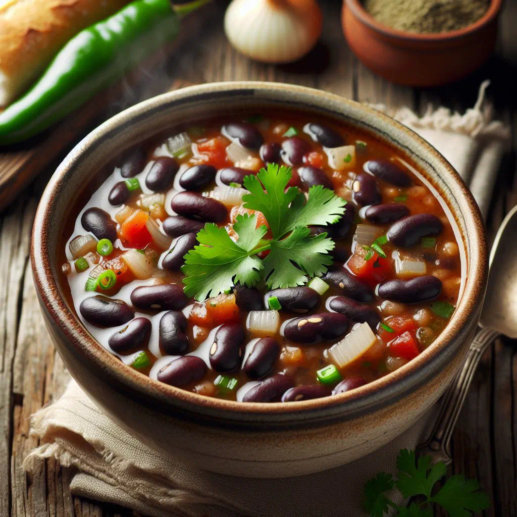A bowl of Guatemalan black bean soup topped with sliced avocado, coriander and lime wedges