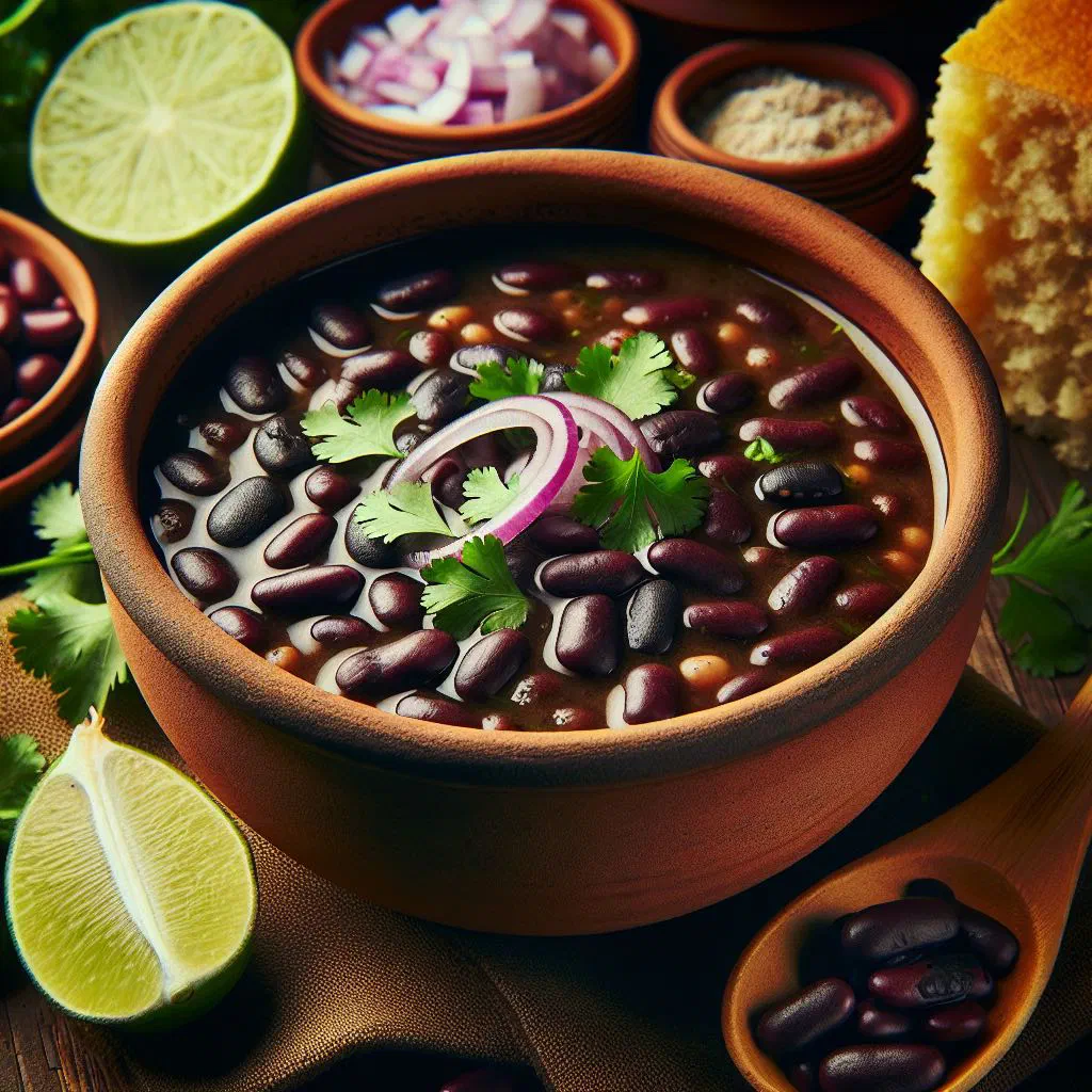 Bowl of Guatemalan black bean soup garnished with fresh coriander