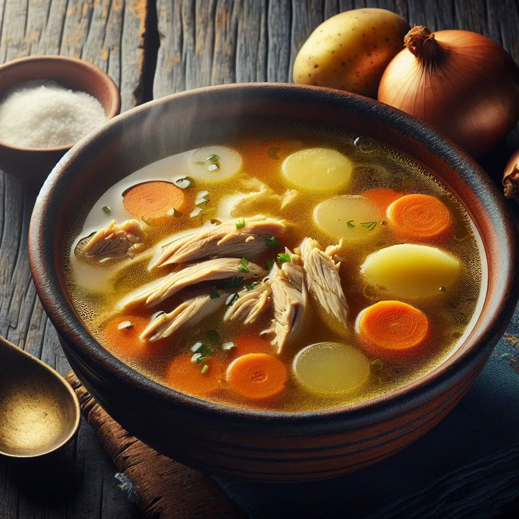 Bowl of Guatemalan sopa de gallina with chicken, carrots and fresh coriander