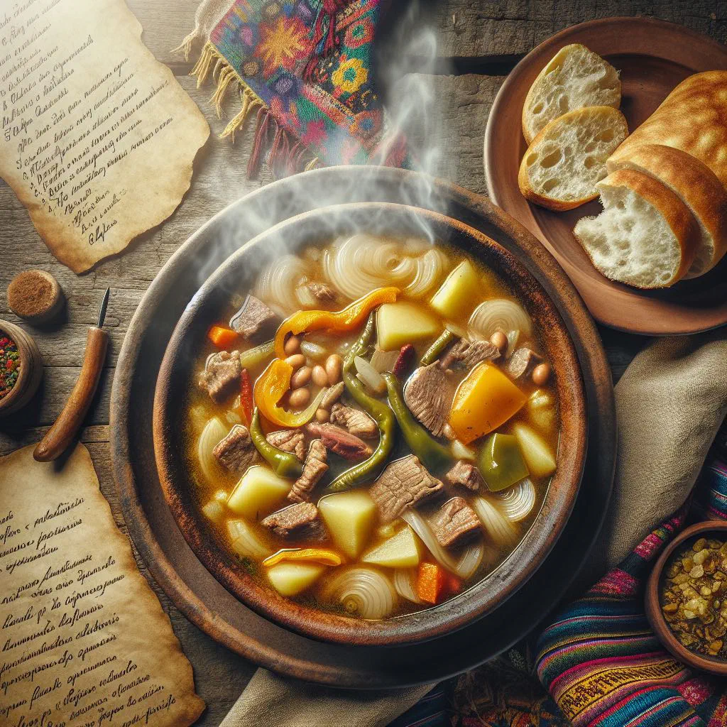 A steaming bowl of Sopa de Mondongo with beef, vegetables and fresh coriander