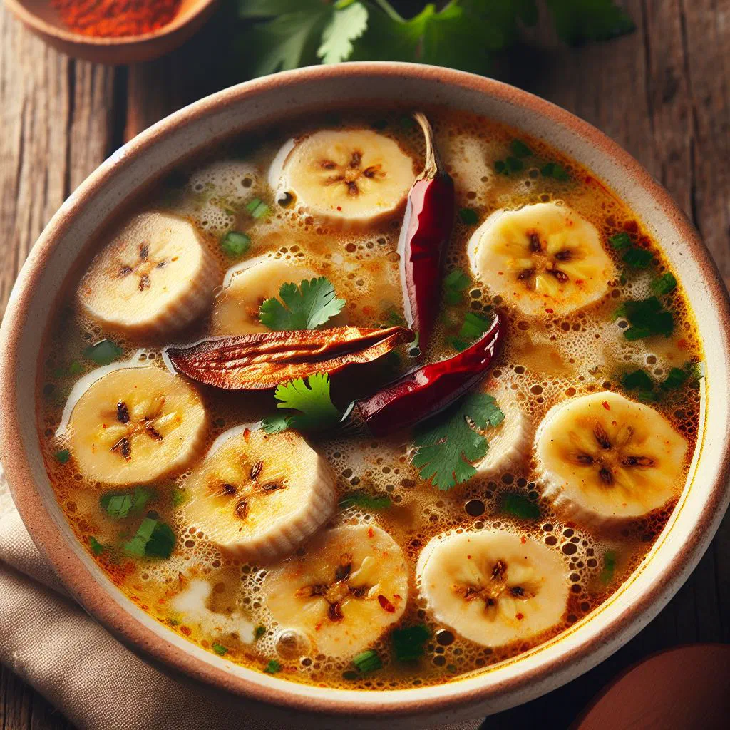 Creamy Guatemalan plantain soup garnished with fresh coriander