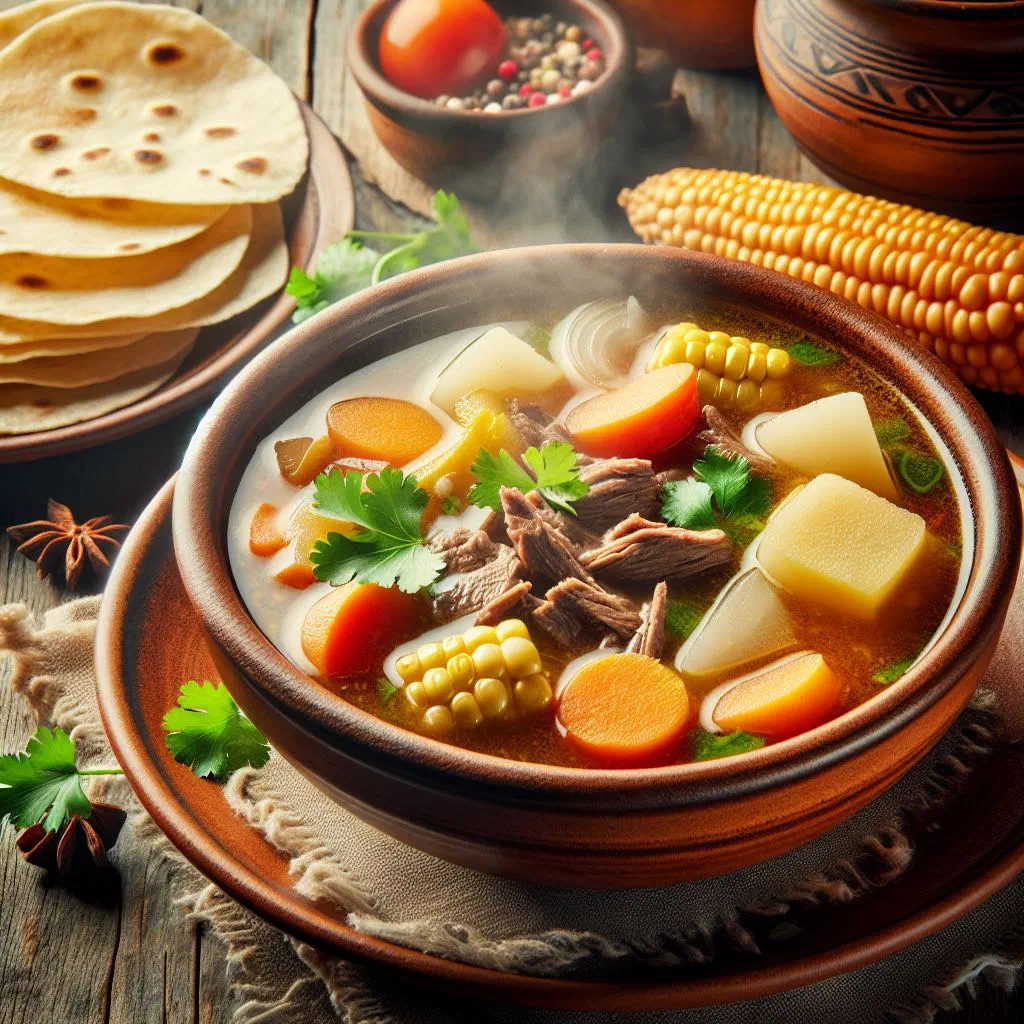 A steaming bowl of Guatemalan sopa de res with beef, corn and vegetables
