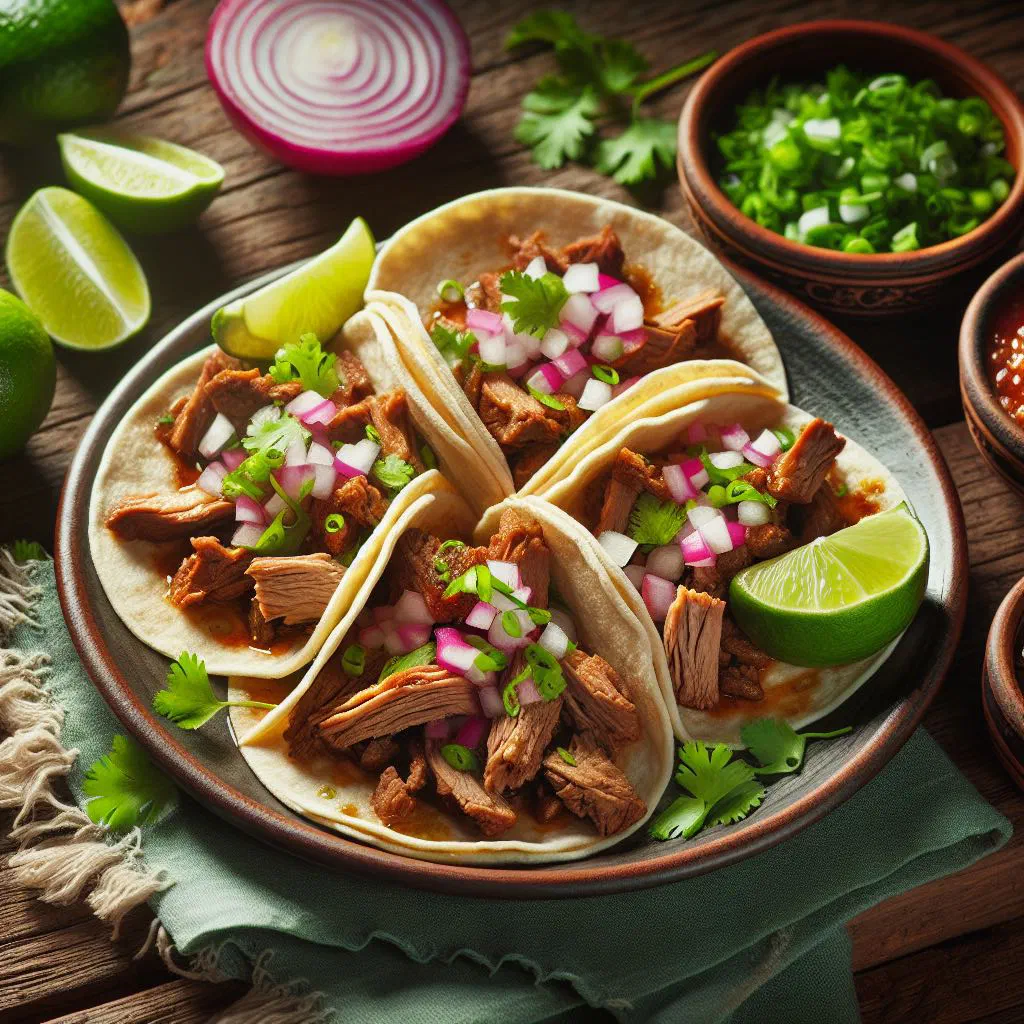 Tacos de carnitas filled with shredded pork, onion and fresh coriander