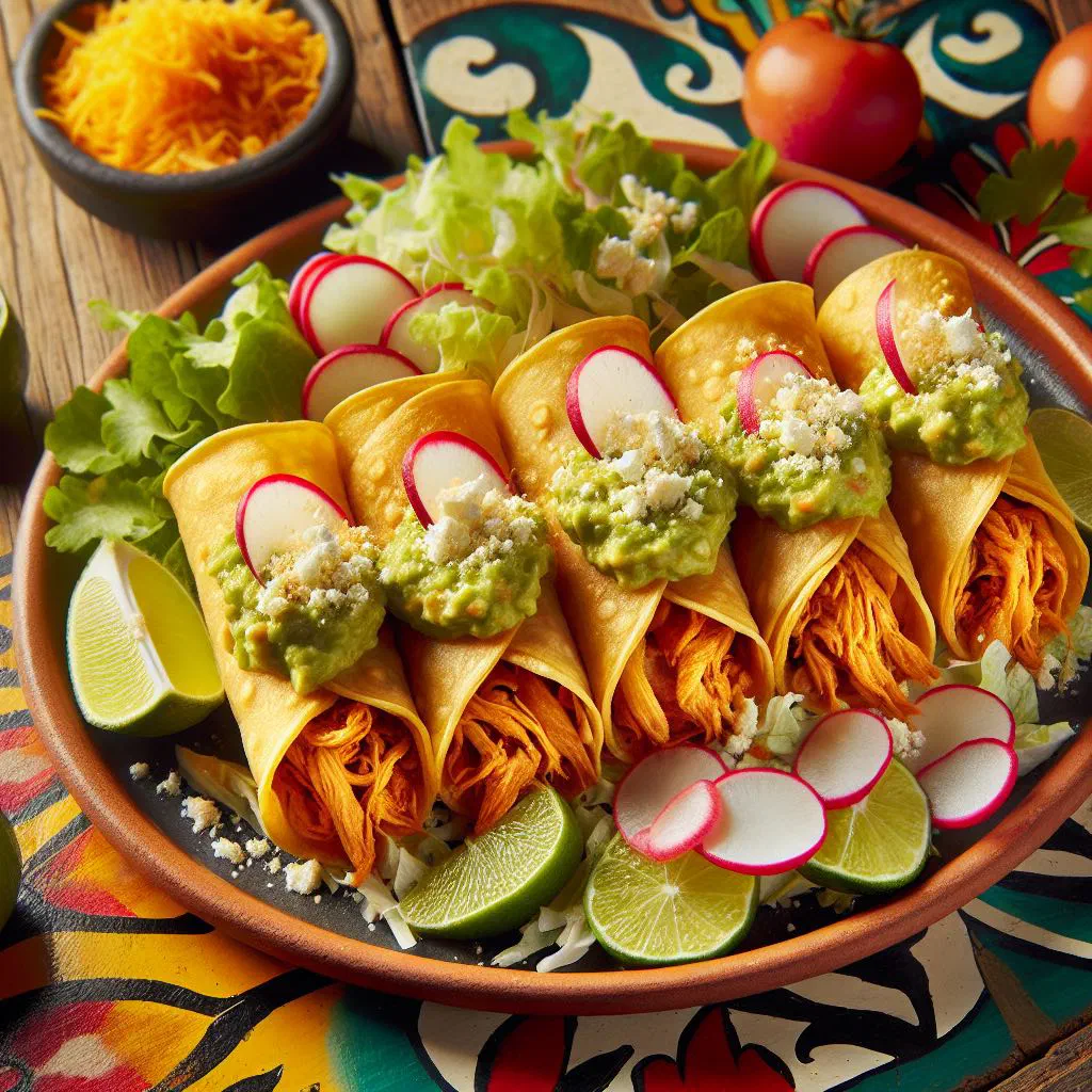 Crispy golden tacos dorados served with salsa and guacamole