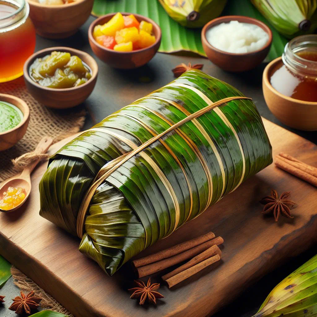 Tamal de Cambray wrapped in banana leaf, served on a plate