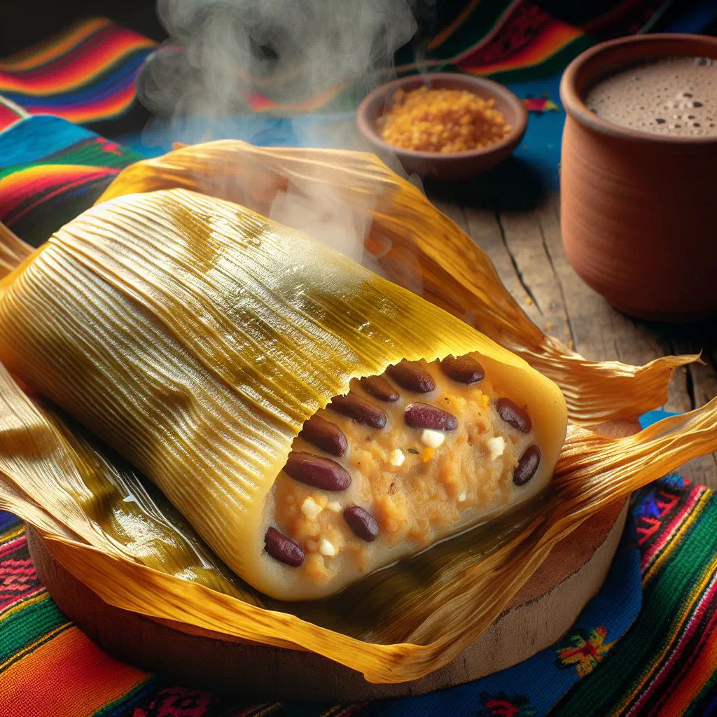 Steamed tamal de chipilín unwrapped from its banana leaf with spicy salsa