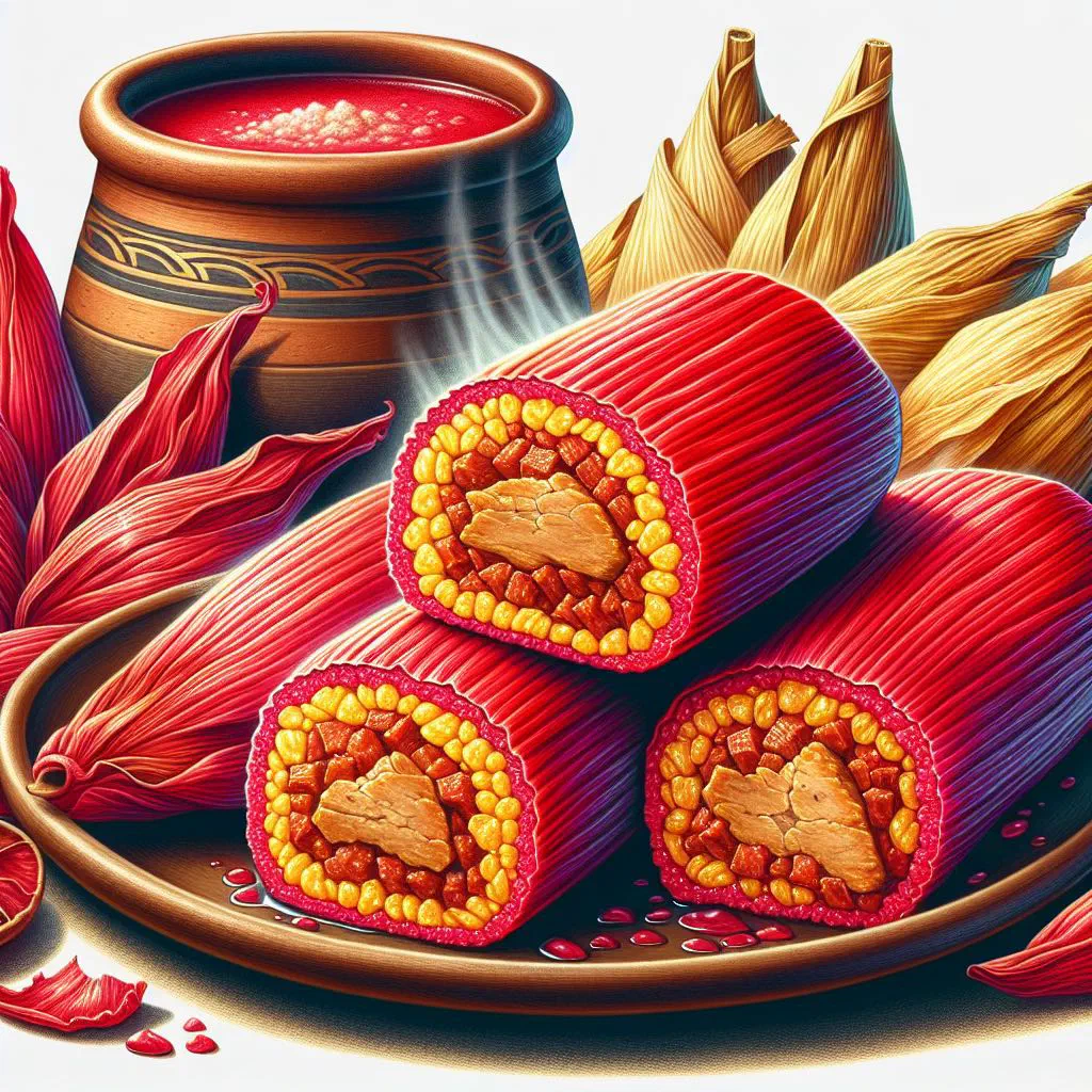 Tamales colorados wrapped in banana leaves with a rich red sauce