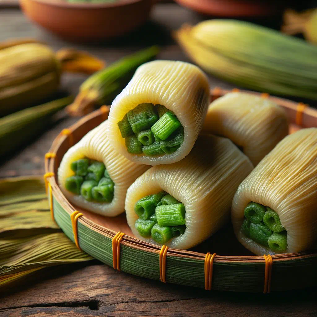 Steamed tamalitos de chipilín wrapped in banana leaves on a rustic plate