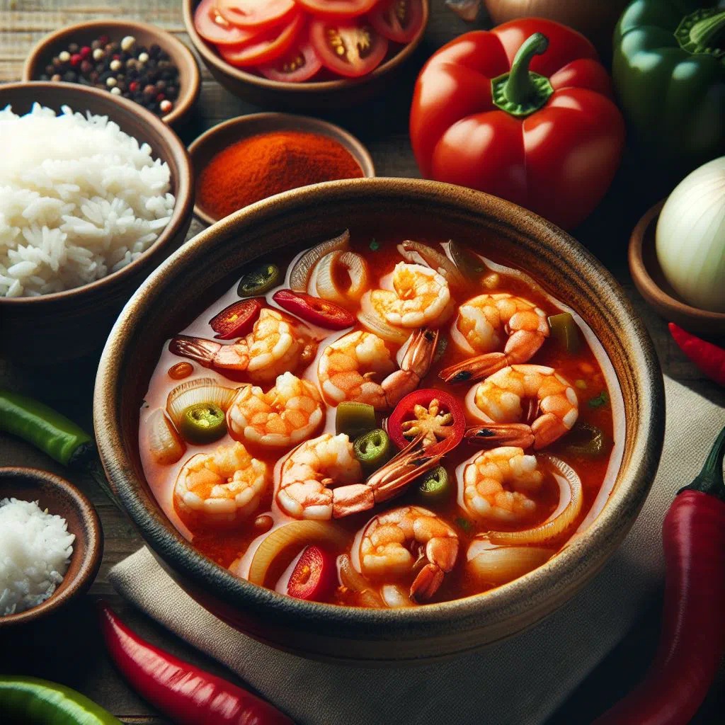 Bowl of tapado de camarón with prawns, plantain and yuca in coconut broth