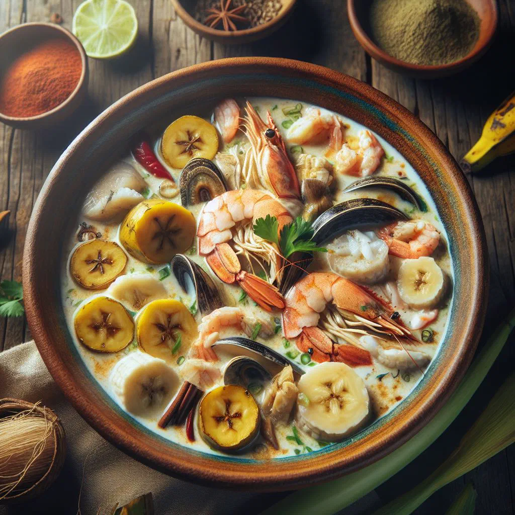Guatemalan tapado seafood soup with fish, prawns and coconut broth