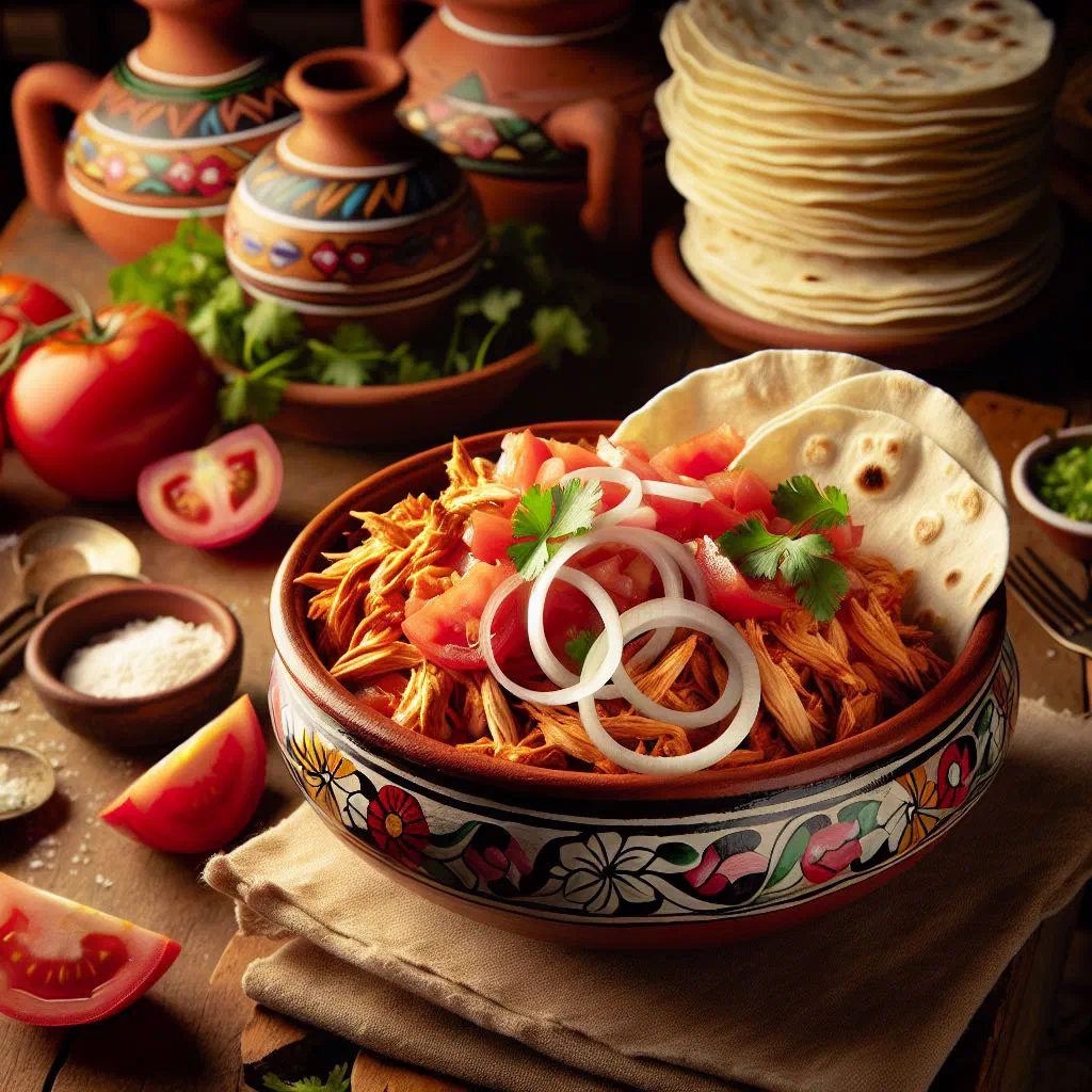 Shredded chicken tinga in a smoky tomato-chipotle sauce served with tortillas