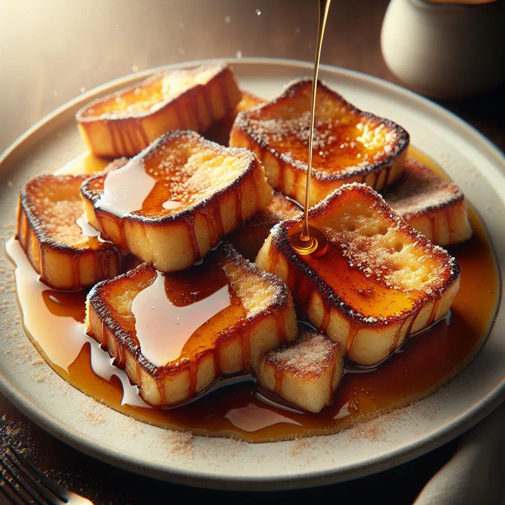Golden fried bread slices soaked in spiced sugar syrup and dusted with icing sugar
