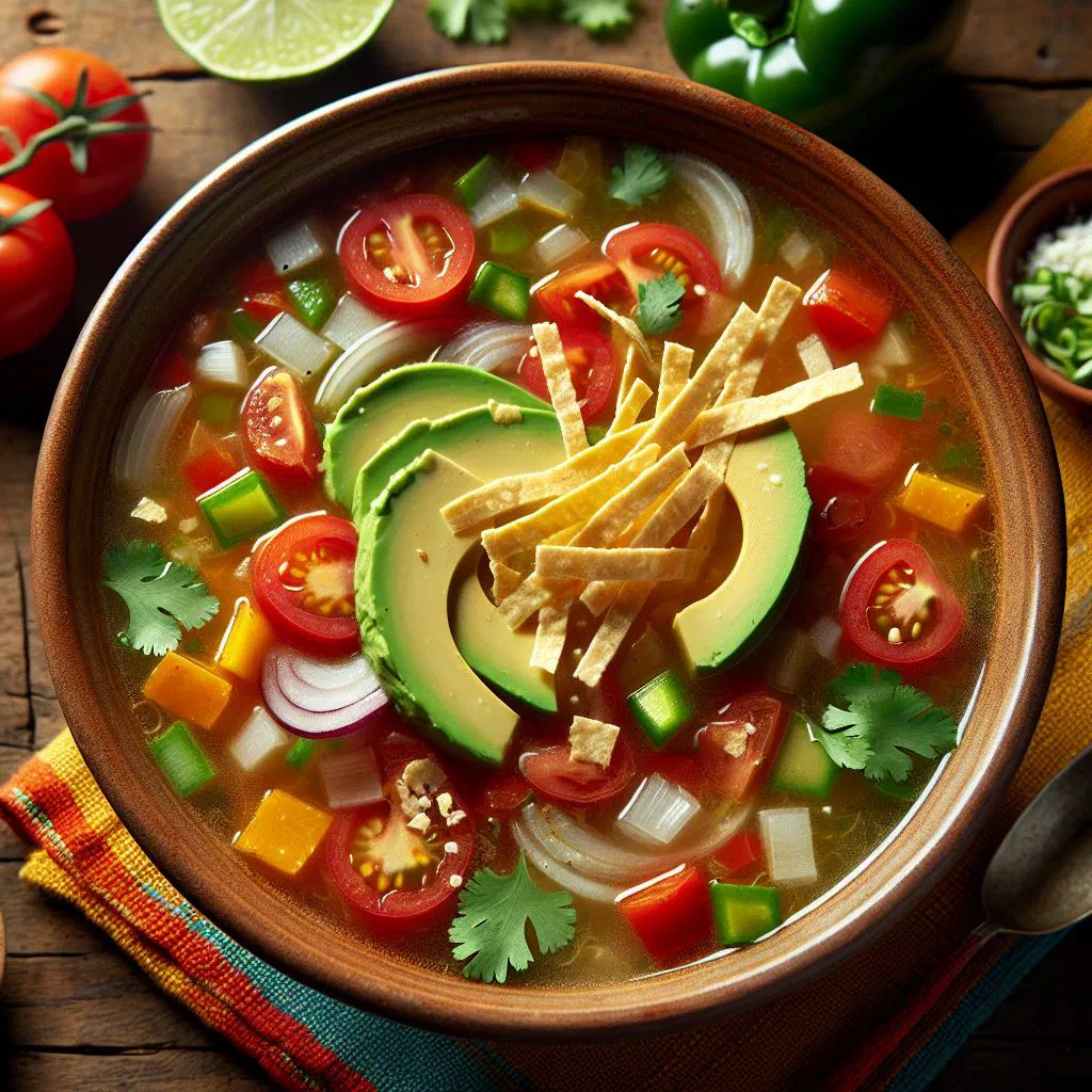Bowl of Guatemalan tortilla soup topped with crispy tortilla strips, avocado and coriander