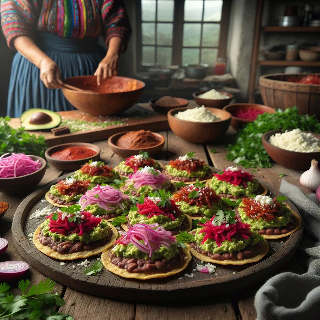 Crispy Guatemalan tostadas topped with black beans, avocado and fresh cheese