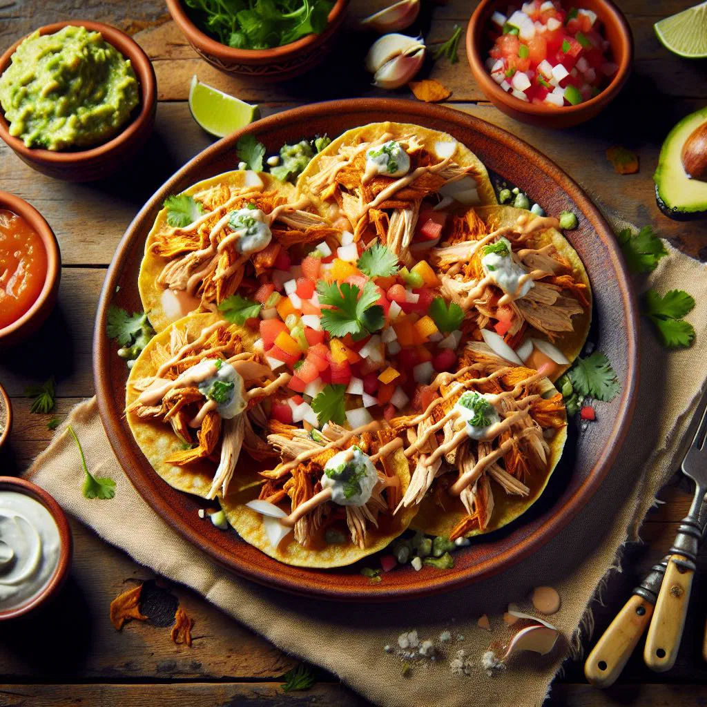 Crispy corn tostadas topped with shredded chicken, avocado and fresh coriander