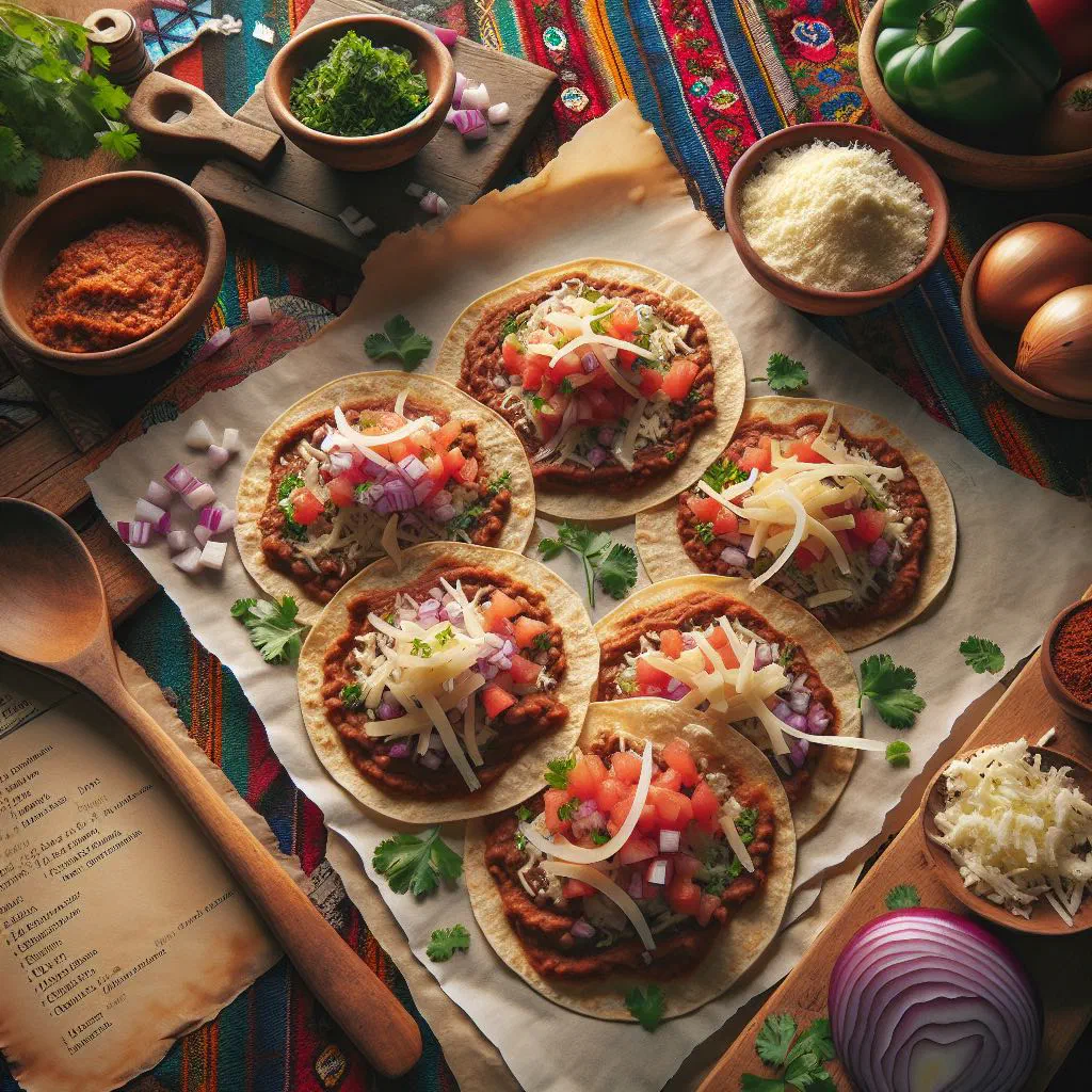 Crispy Guatemalan tostadas topped with beans, meat, fresh vegetables and guacamole