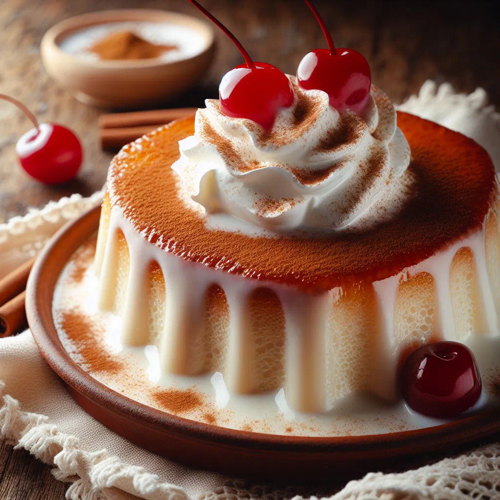 Slice of moist tres leches cake topped with whipped cream and fresh fruit