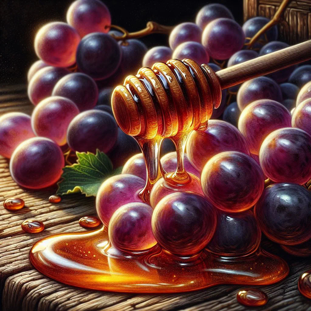 Fresh grapes coated in a glossy honey sauce, garnished with mint